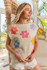 BiBi Multi Jeweled Crochet Flower Patch Sweater Vest - kinko