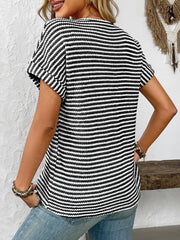 Striped Notched Short Sleeve T-Shirt - kinko