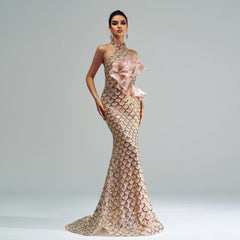 Halter Sequined Mermaid Evening Dress - kinko