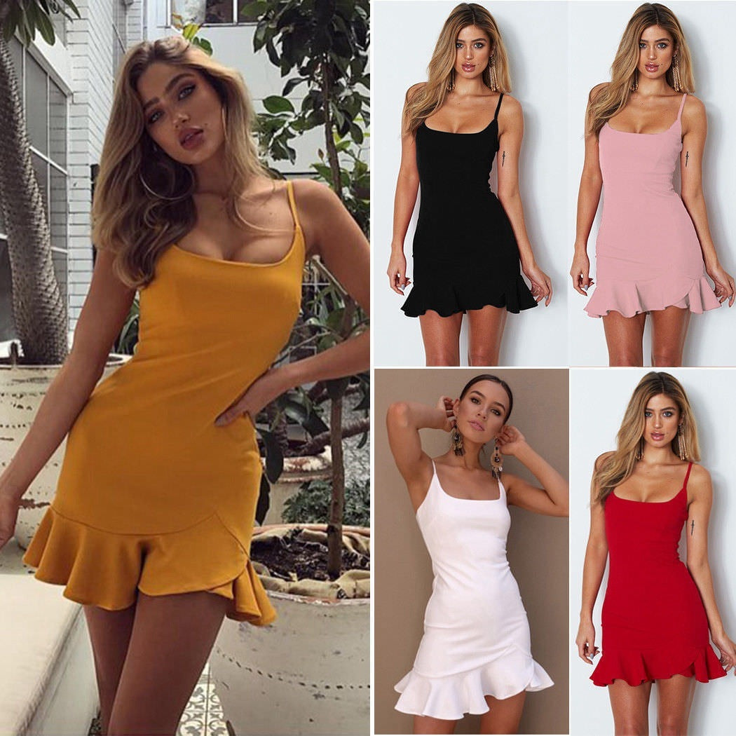 New Ruffles Trumpet Dress Women Sleeveless Spaghetti Strap Slim Summer Dress Party Short Dresses Vestidos - kinko