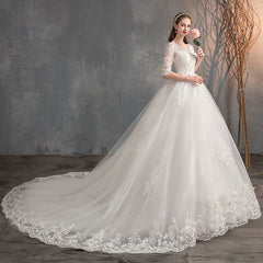 Wedding Dress Trailing Deep V Neck Lace High Waist Wedding Dress Long Sleeves - kinko