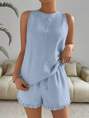 Lace Detail Round Neck Tank and Shorts Set - kinko