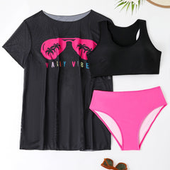 New Swimwear Mesh See-through Blouse Plus Size Swimsuit Bikini Three-piece Set - kinko