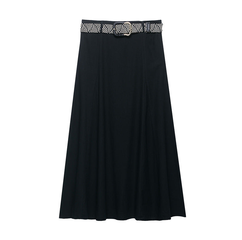 Belt Linen Blend Midi Skirt Skirt - kinko
