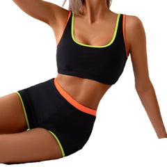Solid Color Contrast Color Vest Boxers Bikini Split Swimsuit - kinko