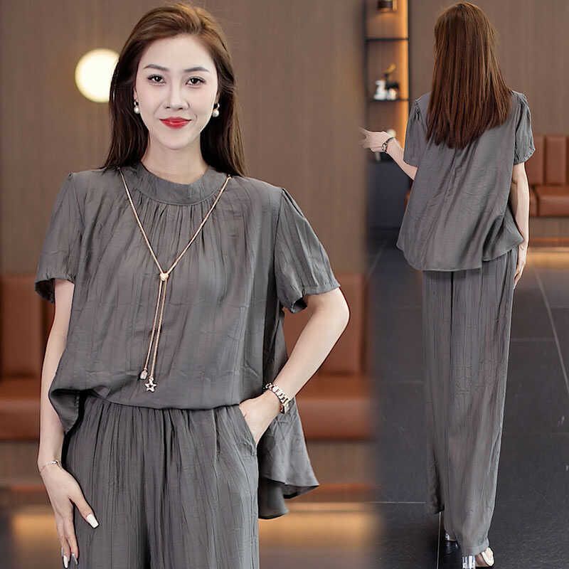 Loose Temperament Short-sleeved Wide-leg Pants Two-piece Set - kinko