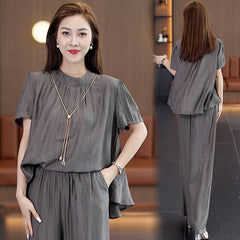 Loose Temperament Short-sleeved Wide-leg Pants Two-piece Set - kinko