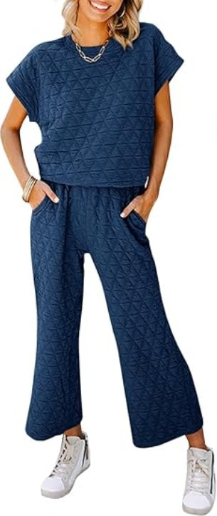 Fazortev Women's 2 Piece Outfits Quilted Lightweight Short Sleeve Tops And Cropped Pants Lounge Set - kinko