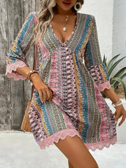 Lace Trim Printed V-Neck 3/4 Sleeve Dress - kinko