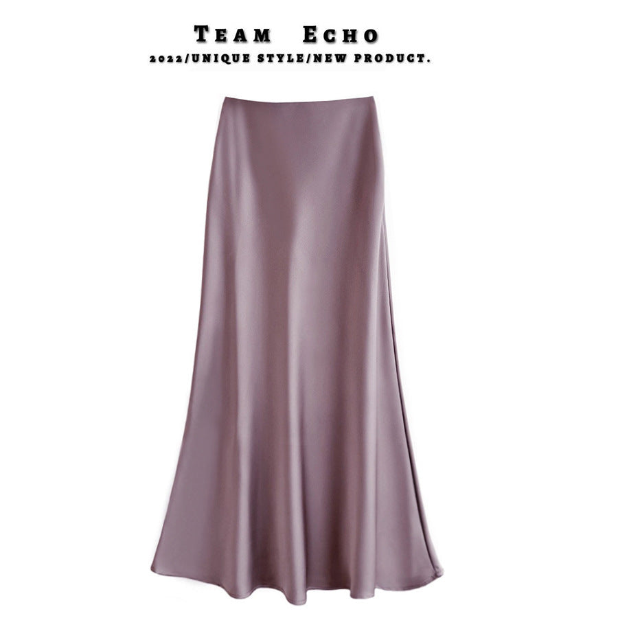 High Waist Slimming Mid-length Satin Acetate Silky Skirt - kinko