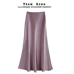 High Waist Slimming Mid-length Satin Acetate Silky Skirt - kinko