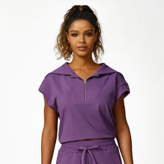 Loose Half Zipper And Lapel Sleeveless Top Casual Trousers Lace-up Shorts Three-piece Set - kinko