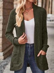 Ribbed Knit Open Front Cardigan with Pockets - kinko