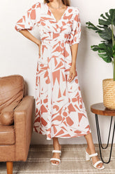 Printed Surplice Balloon Sleeve Dress - kinko