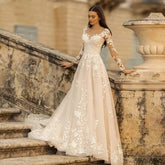 Long Sleeve Wedding Dress Mori Style Bridal Simple Round Neck - kinko