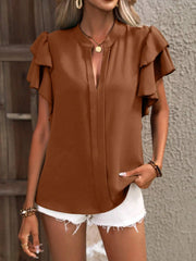 Ruffle Sleeve Notched Blouse - kinko