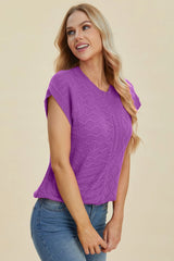 Double Take Full Size Cable-Knit Round Neck Cap Sleeve Sweater - kinko