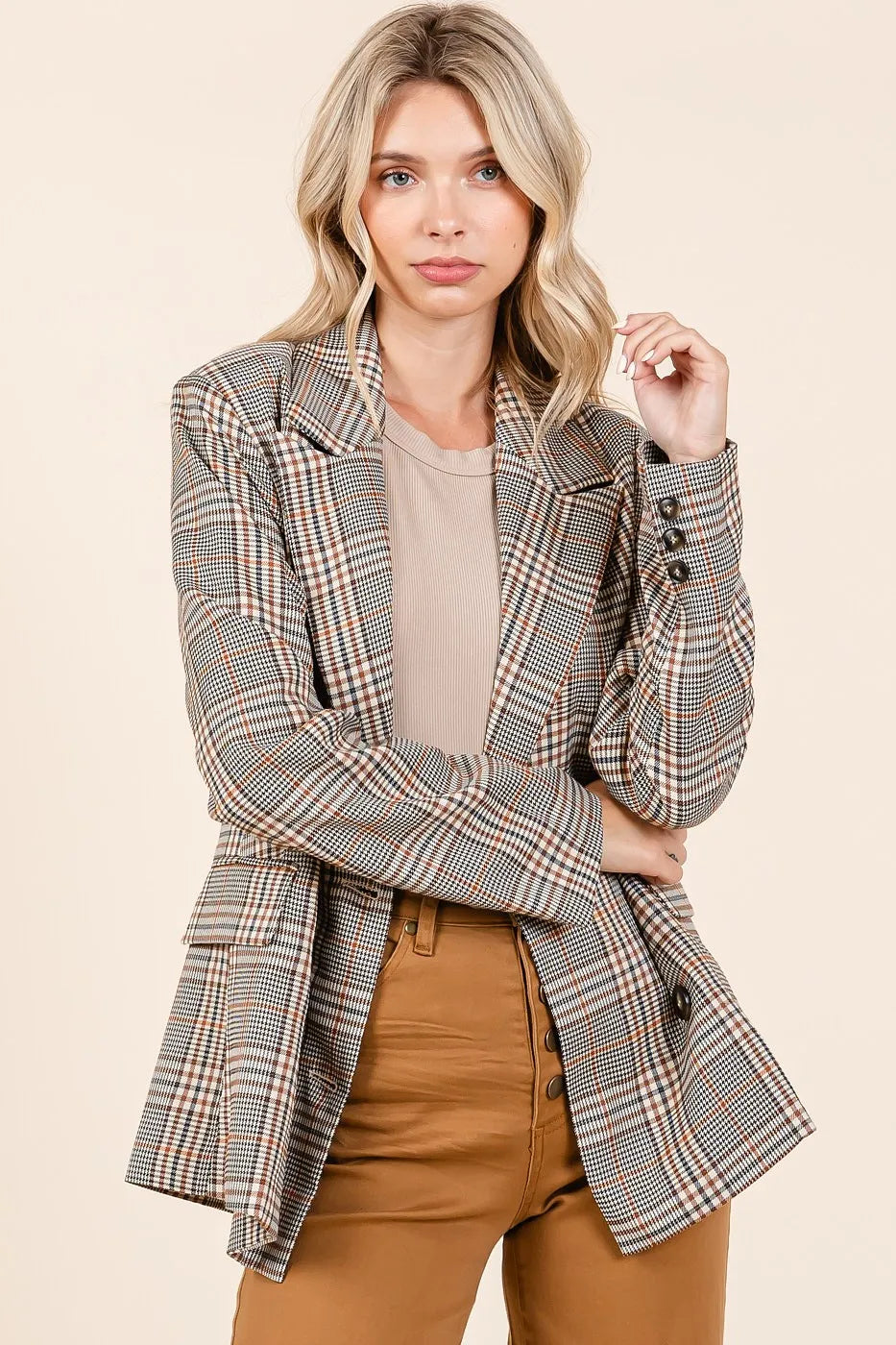 Mittoshop Plaid Double Breasted Relaxed Fit Blazer - kinko