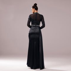 Long Sleeve Slim-fit Sheath Pearl Banquet Fishtail Evening Dress - kinko