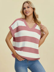 Double Take Full Size Striped V-Neck Short Sleeve Sweater - kinko