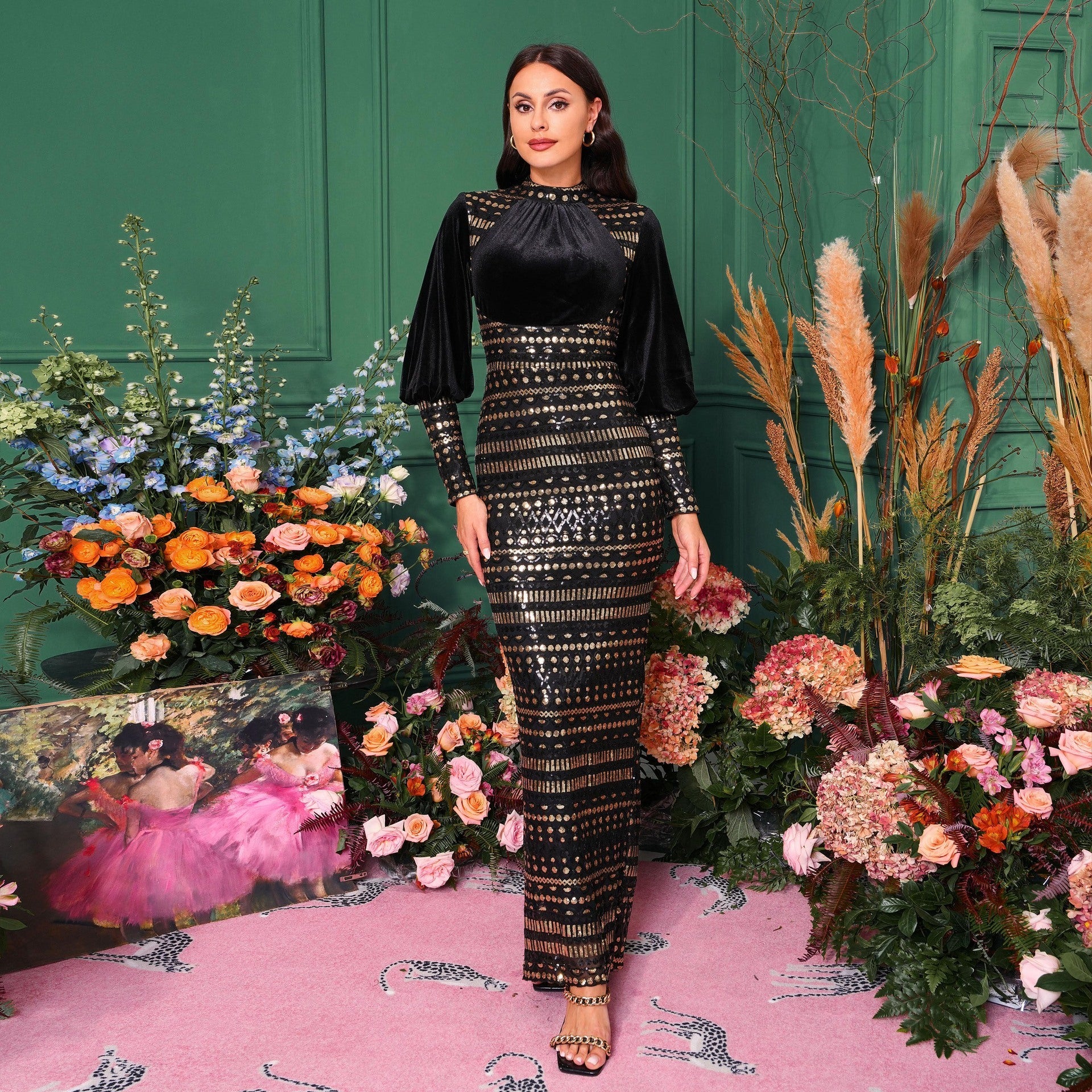 Long Sleeve Round Neck Sequins Slit Evening Dress - kinko