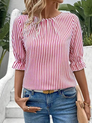 Striped Round Neck Half Sleeve Casual Blouse - kinko