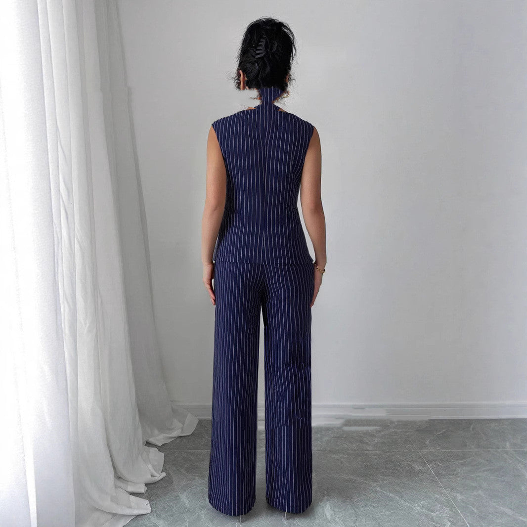 Casual Striped Short Style Lapel Suit Straight-leg Pants Suit - kinko