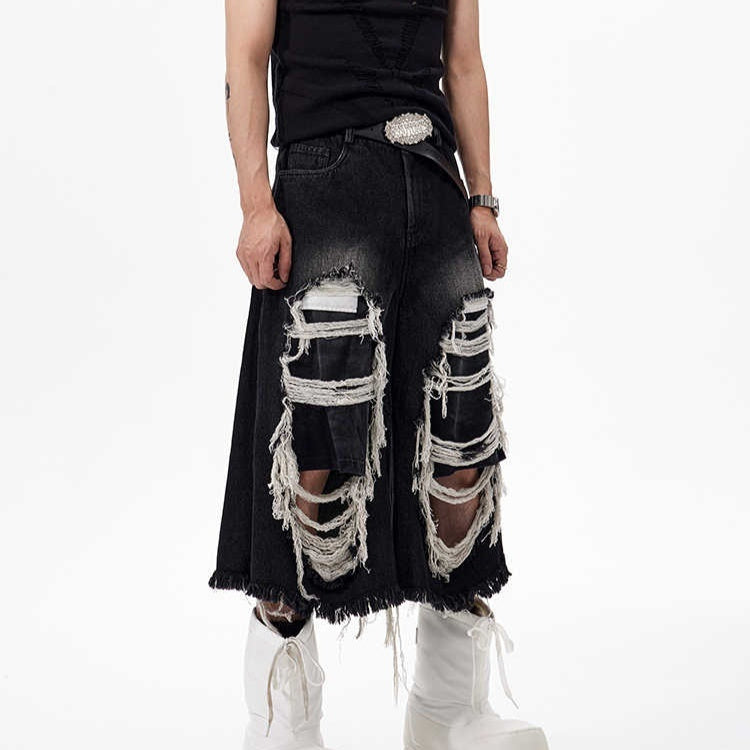 Cropped Make Old Ripped Patch Middle Pants - kinko