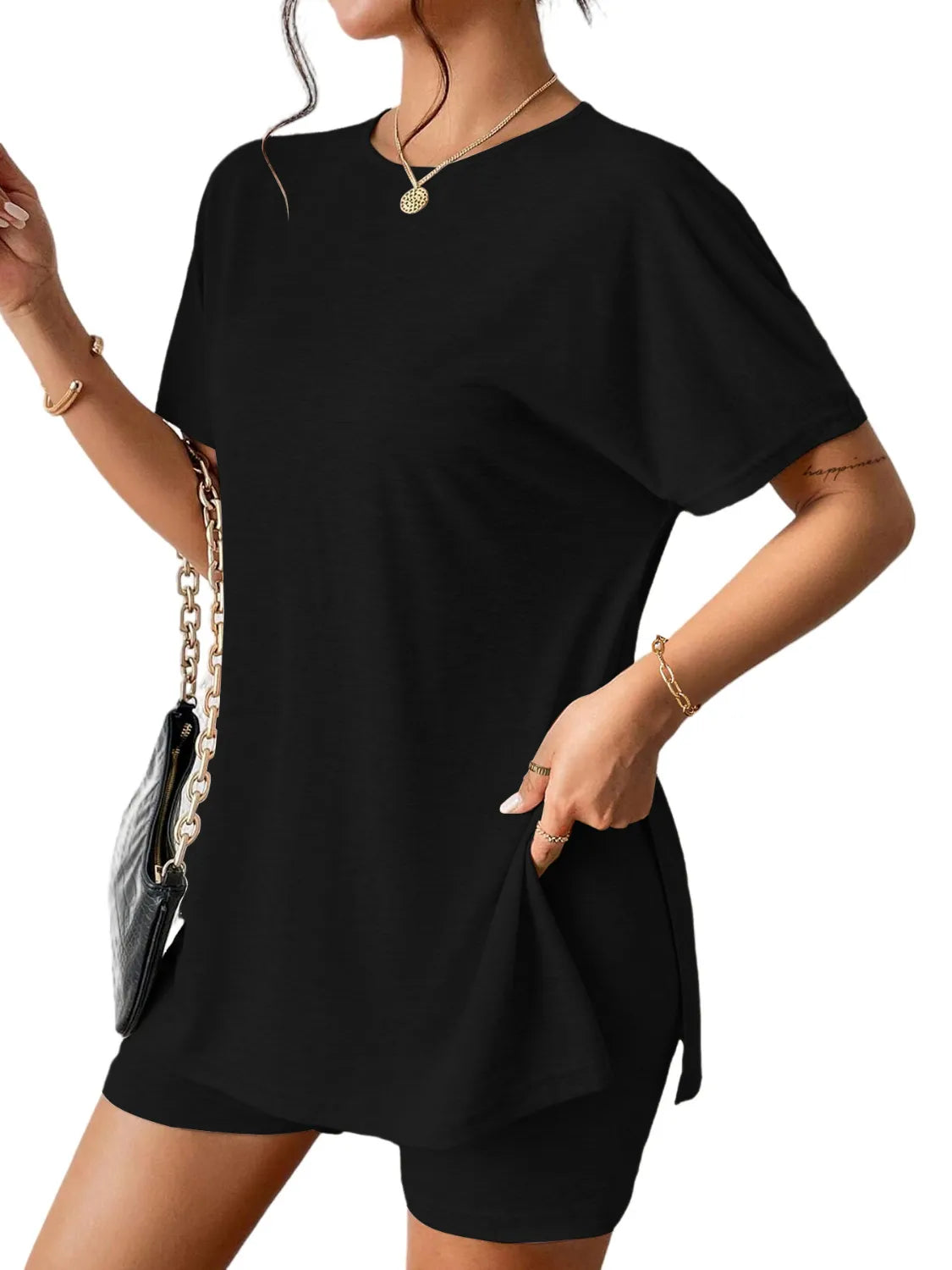 Slit Round Neck Short Sleeve Oversized Top and Shorts Set - kinko