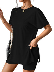 Slit Round Neck Short Sleeve Oversized Top and Shorts Set - kinko