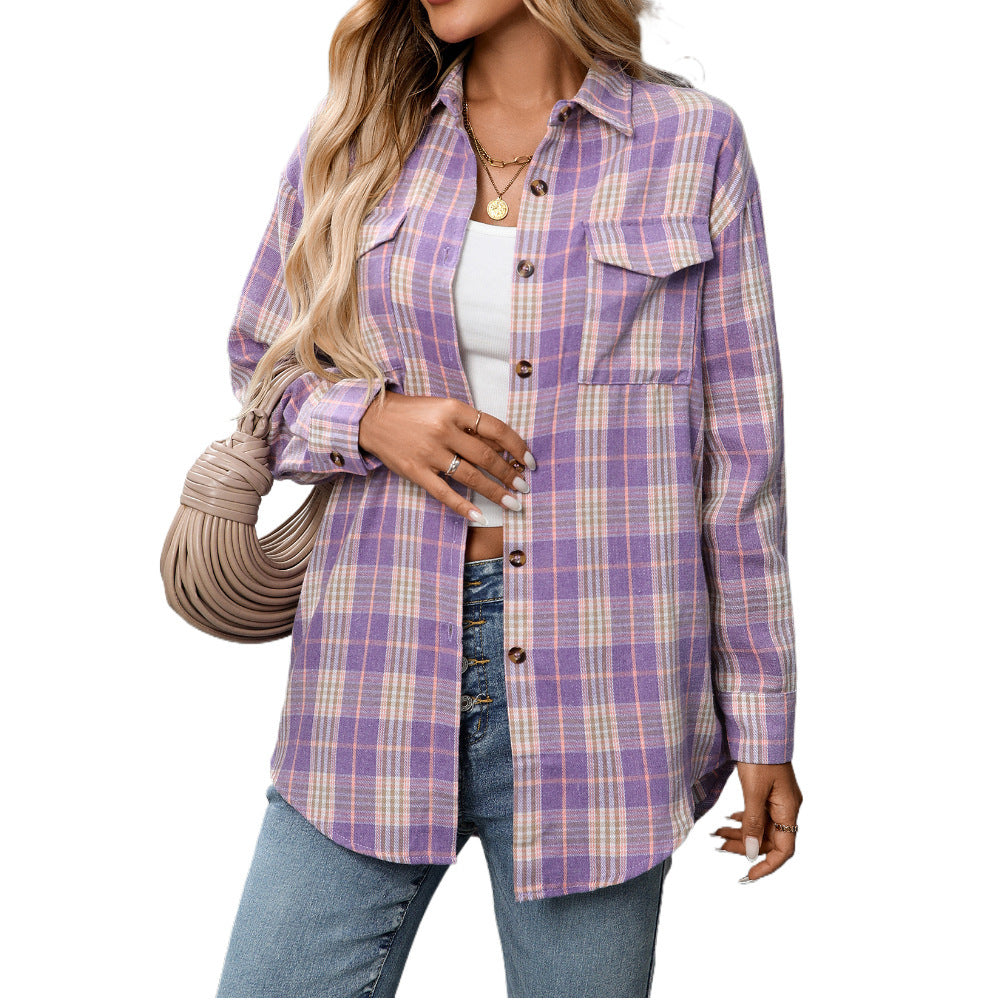 Casual Fashion Loose Plaid Pocket Shirt For Women - kinko
