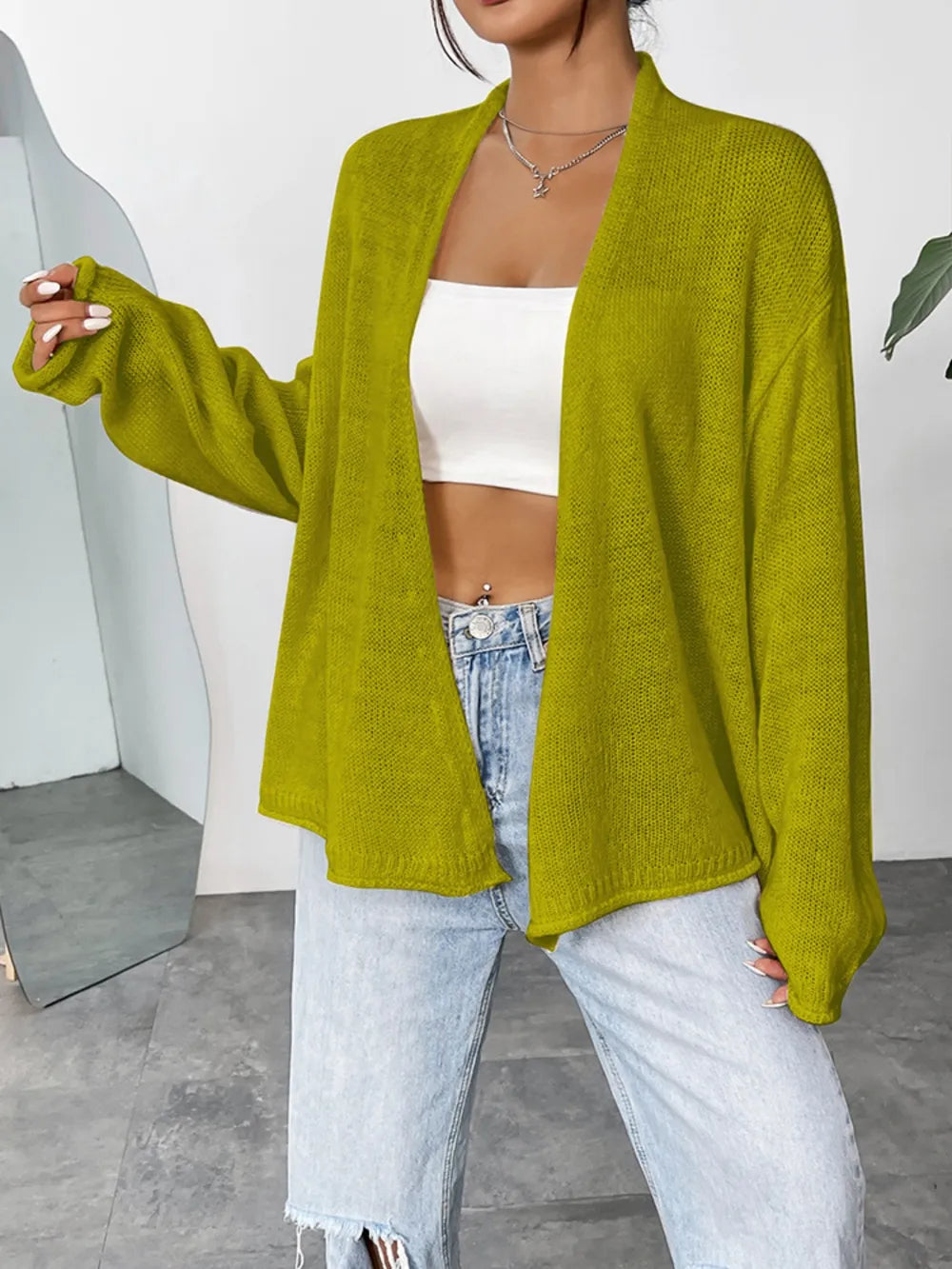 Open Front Dropped Shoulder Cardigan - kinko