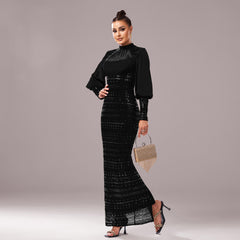 Long Sleeve Round Neck Sequins Slit Evening Dress - kinko