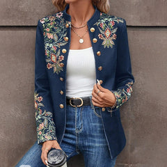 Women's Stand Collar Solid Color Floral Print Blazer Fashion Double-Breasted Fall & Winter Jacket - kinko