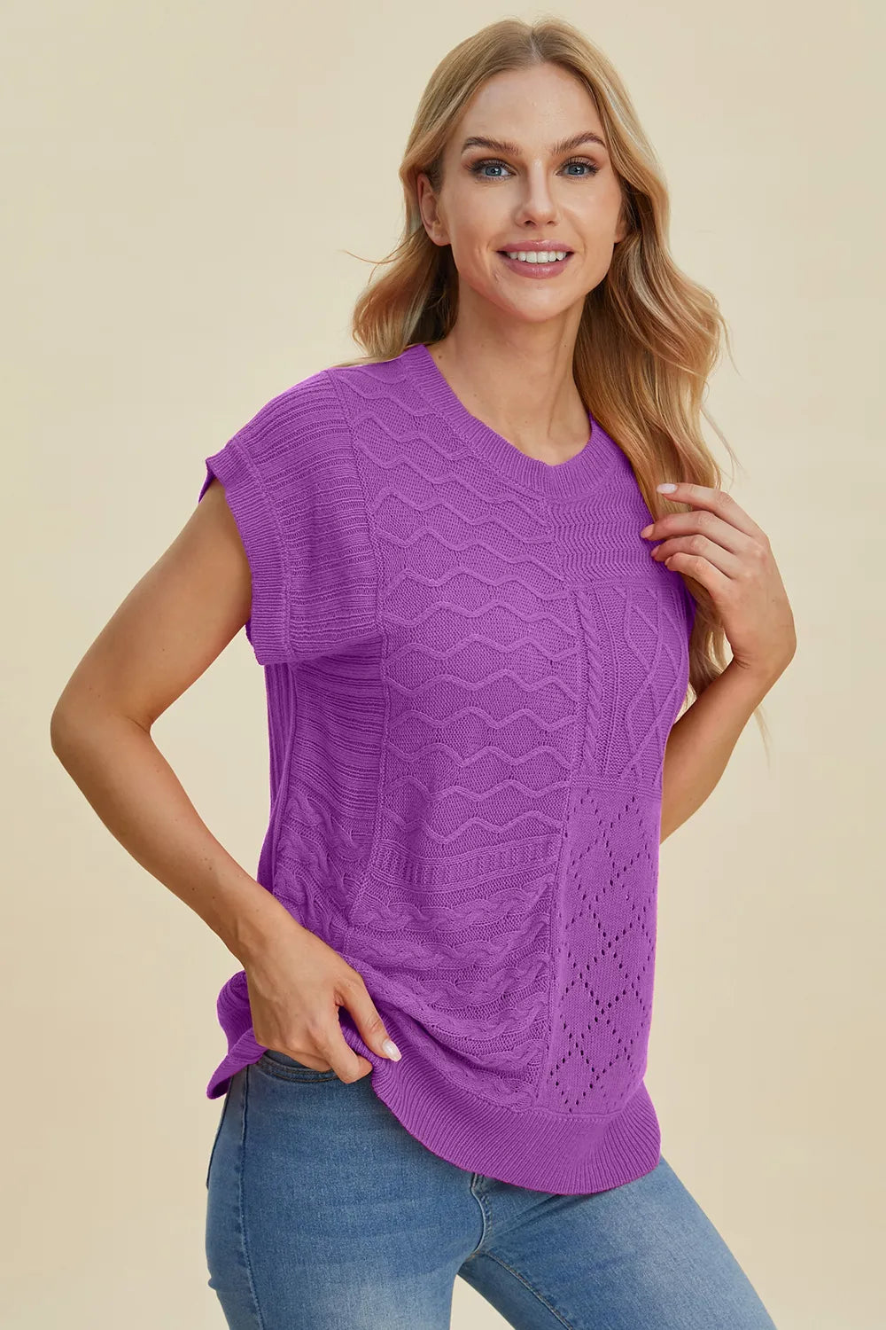 Double Take Full Size Cable-Knit Round Neck Cap Sleeve Sweater - kinko