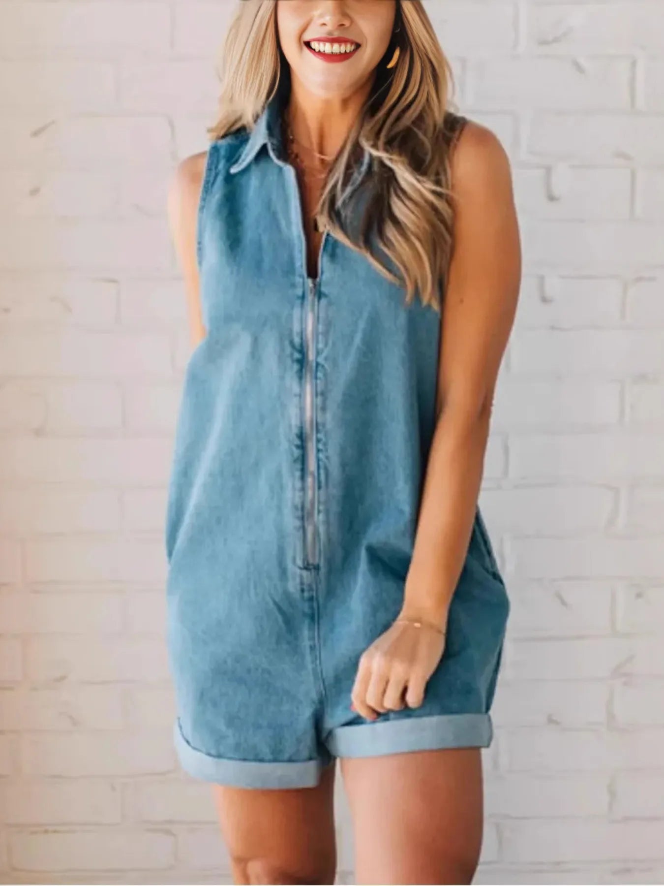 Zip Front Sleeveless Denim Romper - kinko