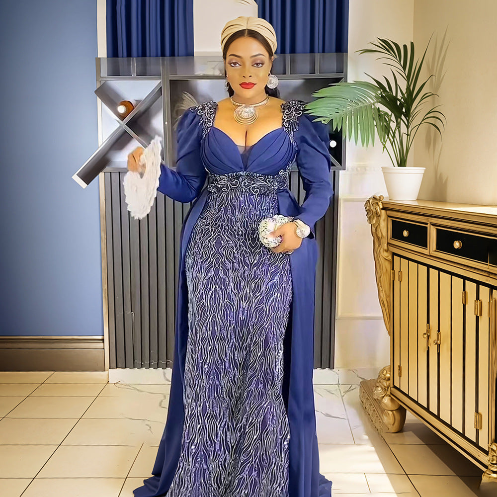 Plus Size Women's Dress V-neck Backless Sequined Evening Dress - kinko