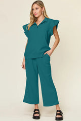 Double Take Texture Ruffle Short Sleeve Top and Drawstring Wide Leg Pants Set - kinko