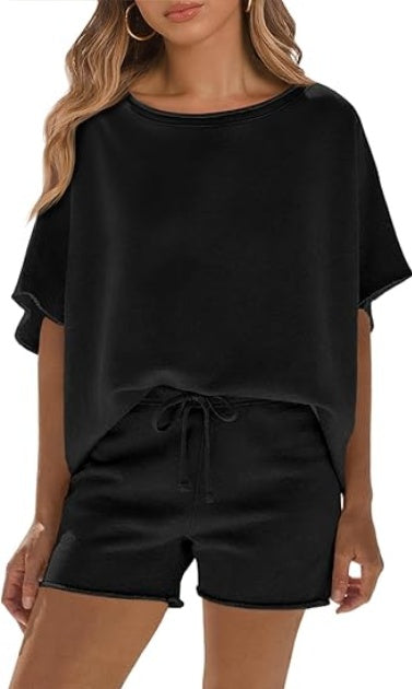 Fisoew Womens Summer 2 Piece Outfits Oversized Casual Short Sleeve Tops And High Waisted Shorts Workout Lounge Short Sets - kinko