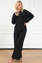Double Take Full Size Textured Long Sleeve Top and Drawstring Pants Set - kinko