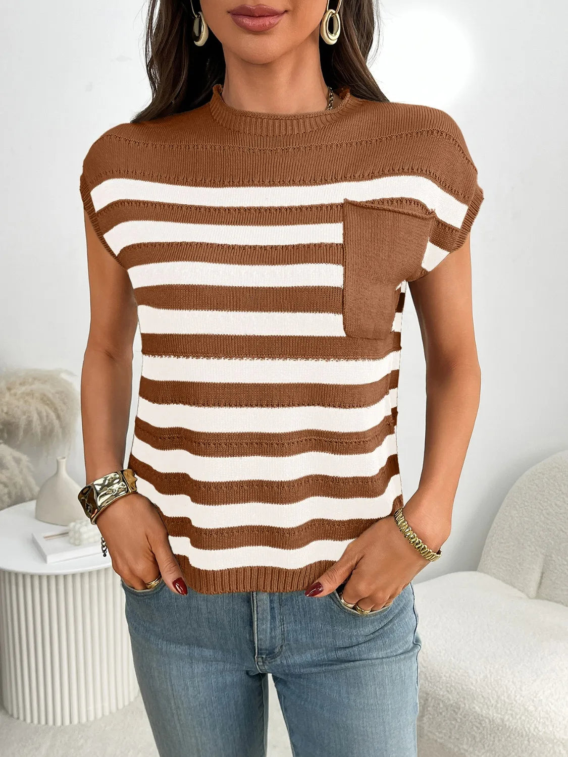 Striped Mock Neck Cap Sleeve Knit Top - kinko