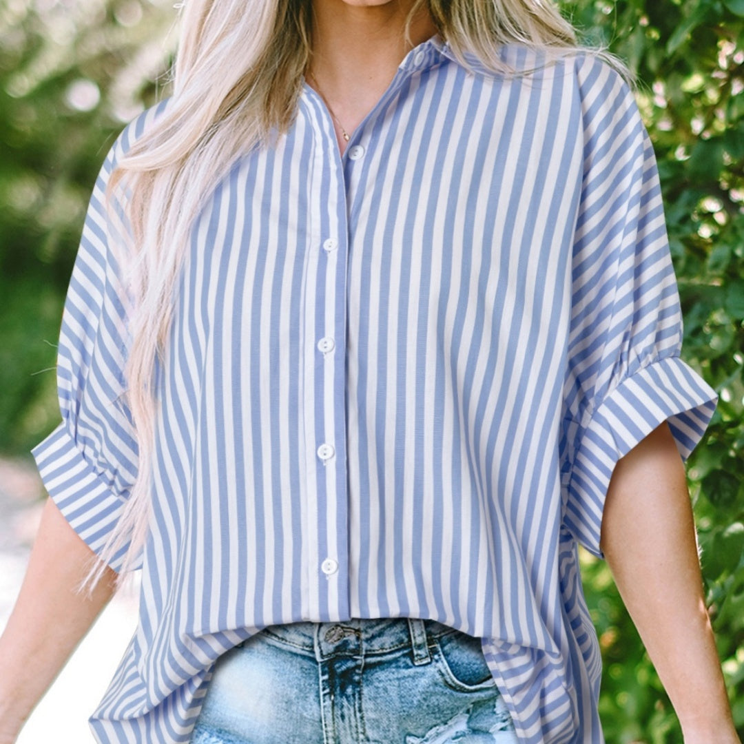 Sky Blue Stripe Dolman Sleeve Oversize Shirt - kinko