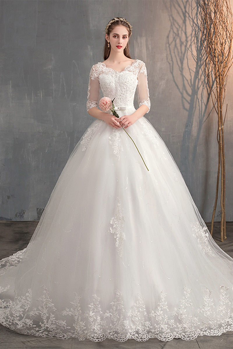 Wedding Dress Trailing Deep V Neck Lace High Waist Wedding Dress Long Sleeves - kinko