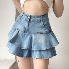 Women's Double-layer Ruffled Denim Skirt Retro Easy Matching High Waist Slimming - kinko