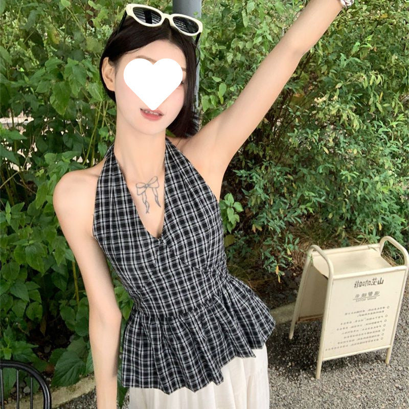 Retro Plaid V-neck Lace-up Halter Sleeveless Shirt - kinko