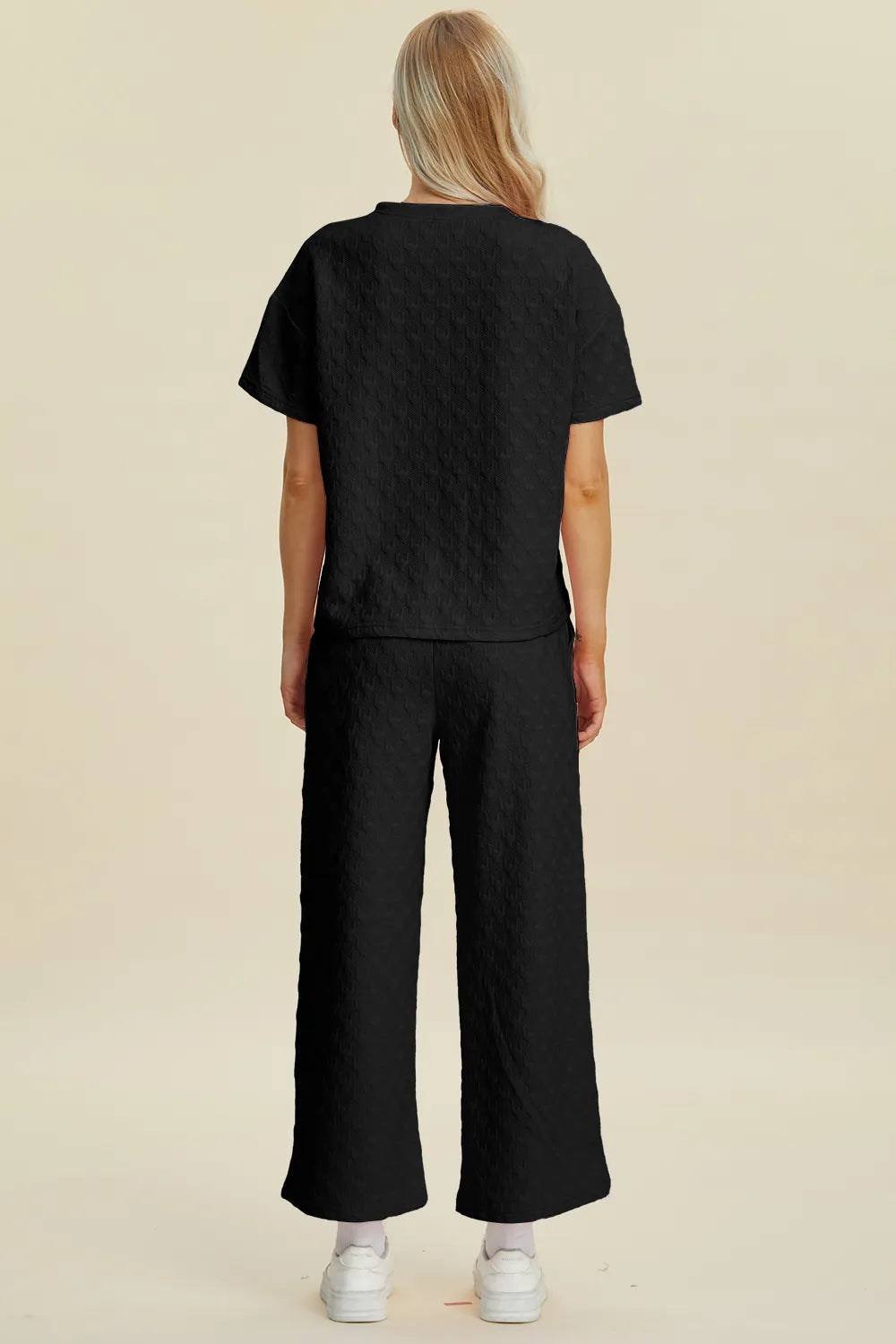 Double Take Full Size Texture Round Neck Short Sleeve Top and Pants Set - kinko