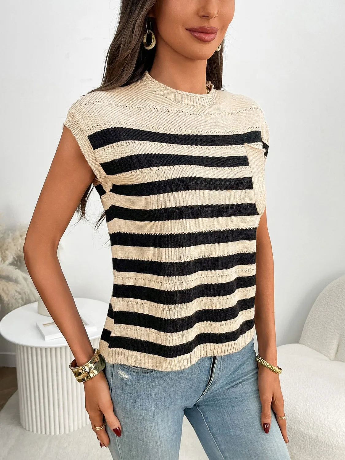 Striped Mock Neck Cap Sleeve Knit Top - kinko