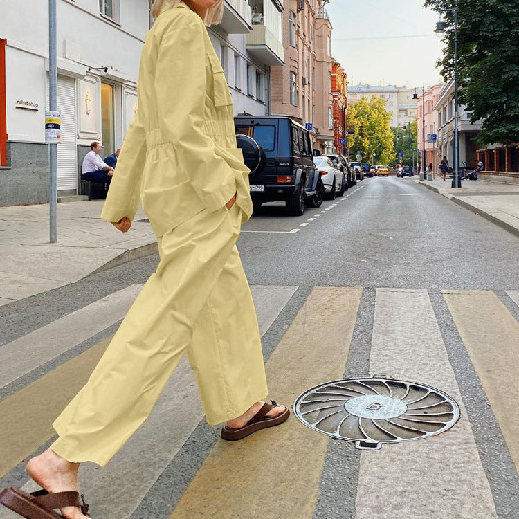 Lapel Long Sleeve Waist-controlled Top Wide Leg Pants Two-piece Set - kinko