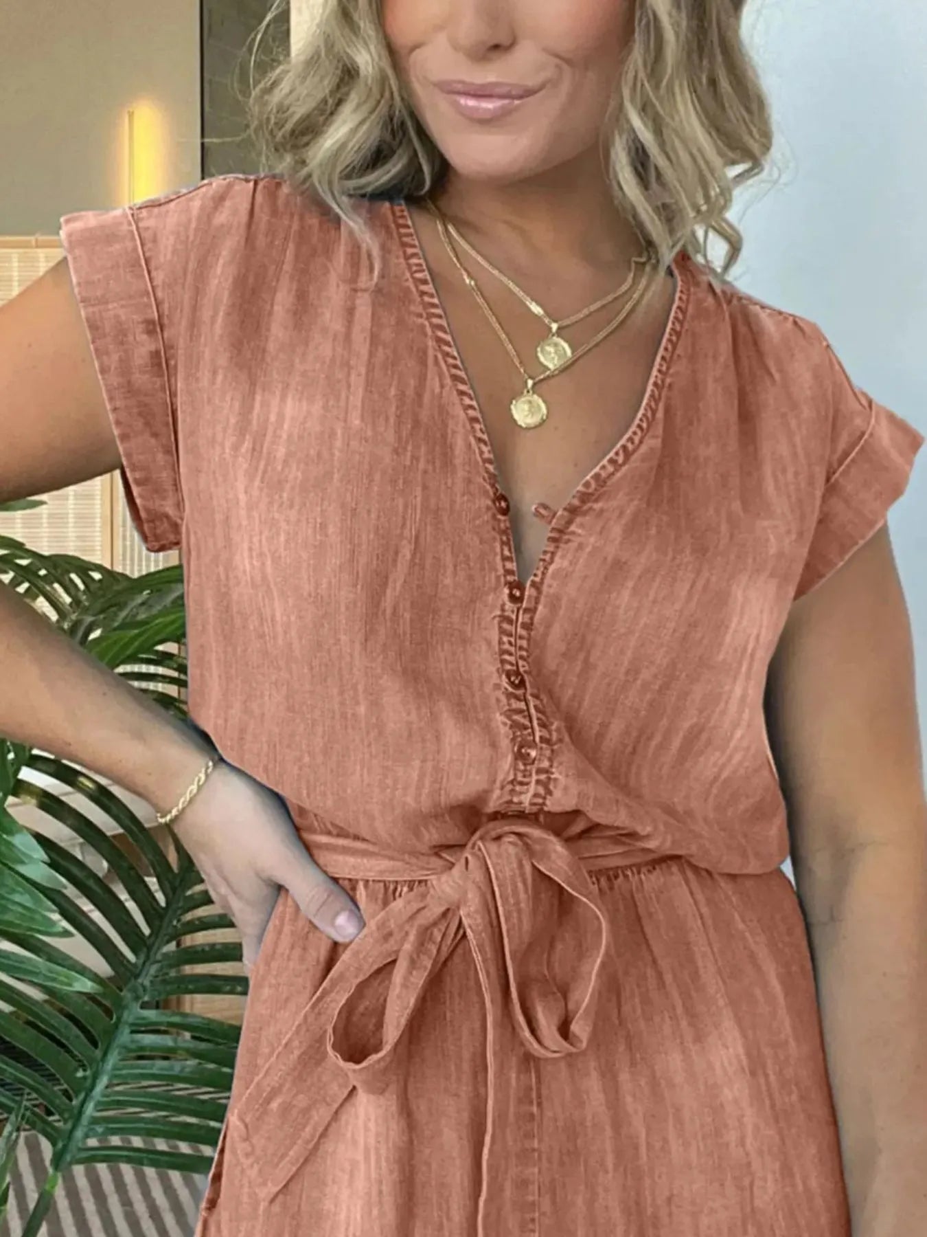 Full Size Tie Waist Cap Sleeve Denim Romper Plus Size - kinko