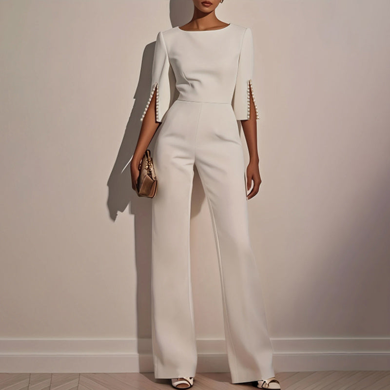 Women's Elegant Round Neck Jumpsuit - Mid-Sleeve With Side Slit Cuffs & Pearl Accents, Back Zipper Design For Casual To Formal Events - kinko
